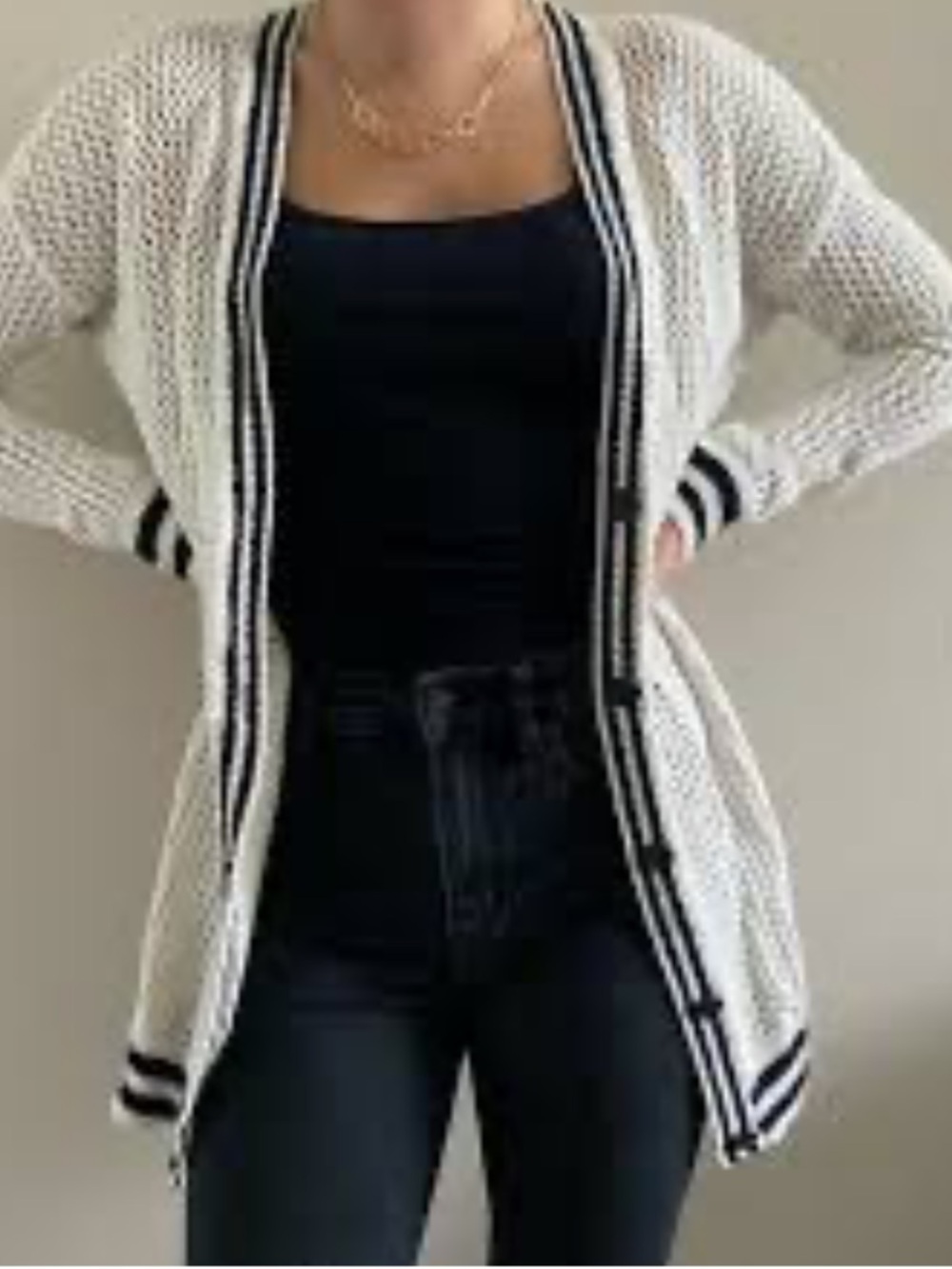 American Eagle Outfitters Cream Open-Weave Sweater with Black Trim